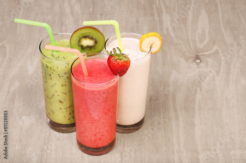 healthy glass of smoothies collection flavor on wood background
