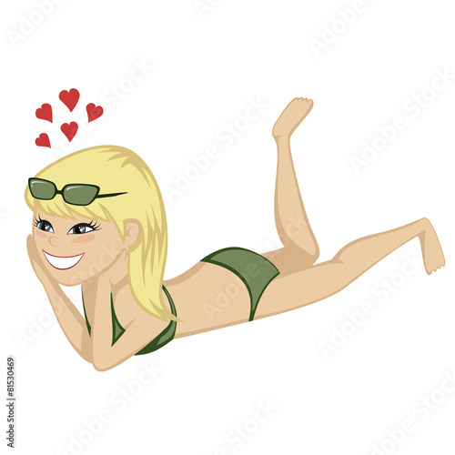 A cute blondie is on the beach (fallen in love).