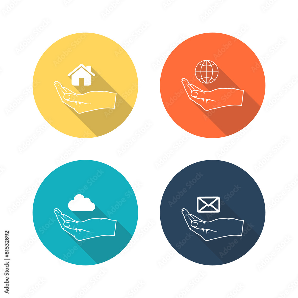 Web icons in hand on color background with long shadow. Web icons in hand on color background with long shadow.
