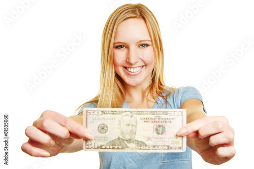 Blonde Frau hält 50 Dollar Bill photo