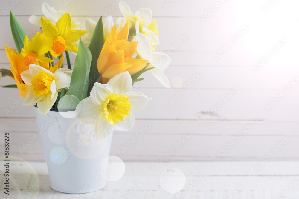 Background with fresh tulips and narcissus