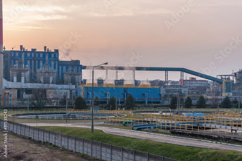 Industrial buildings of CHP at dusk