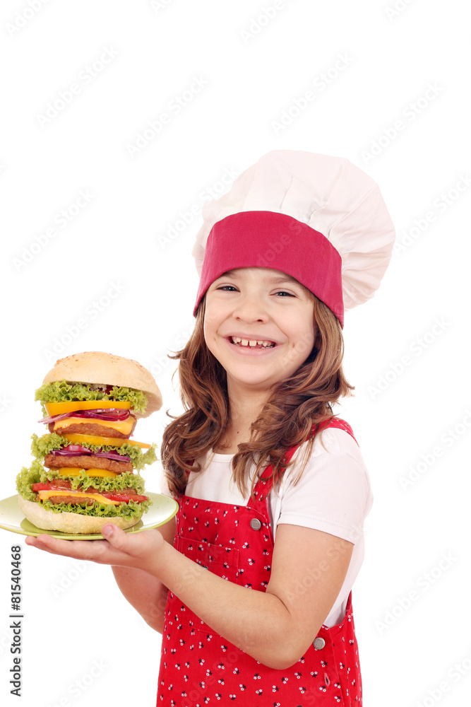 happy little girl cook with big hamburger