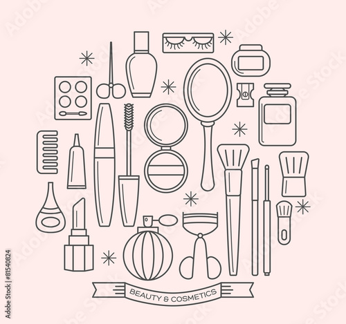 beauty and cosmetics thin line outline icons set