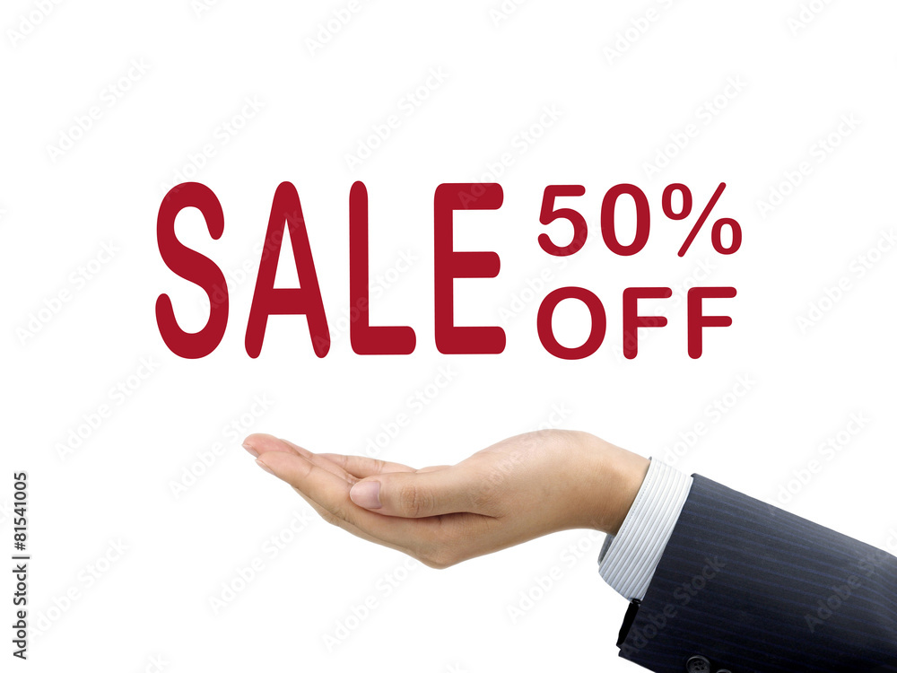 sale 50 percent off holding by businessman's hand sale 50 percent off holding by businessman's hand