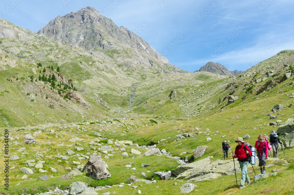Group of people walking in the Spanish Pyrenees (GR11 trail)