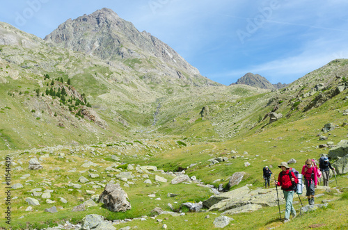 Group of people walking in the Spanish Pyrenees (GR11 trail)