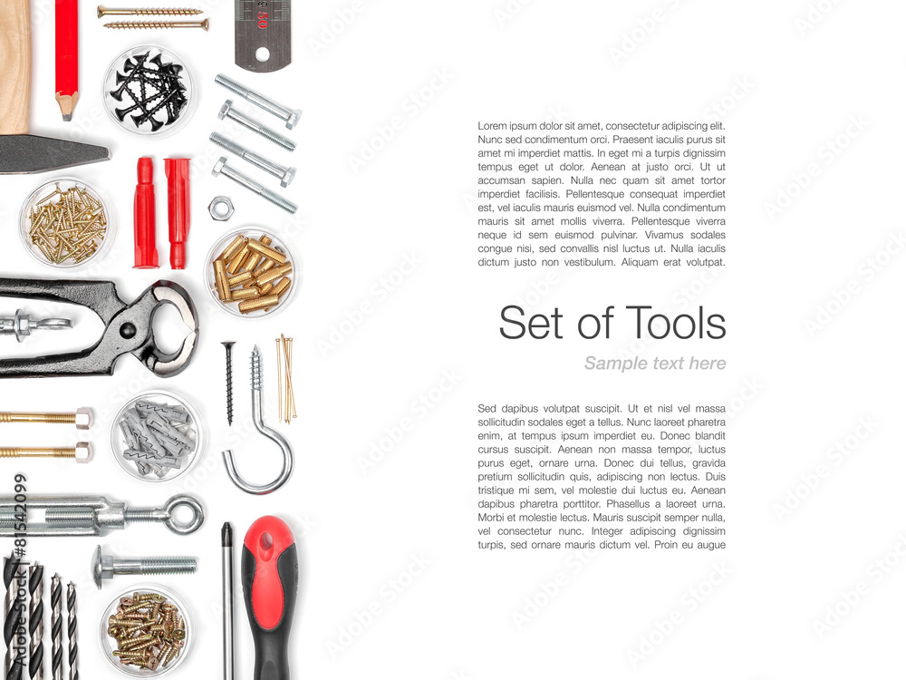 set of tools on white background top view