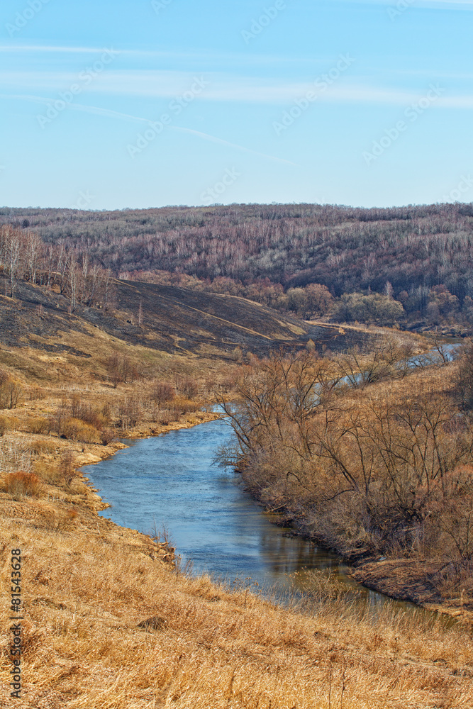 Spring landscape with river and blue sky, vertical composition