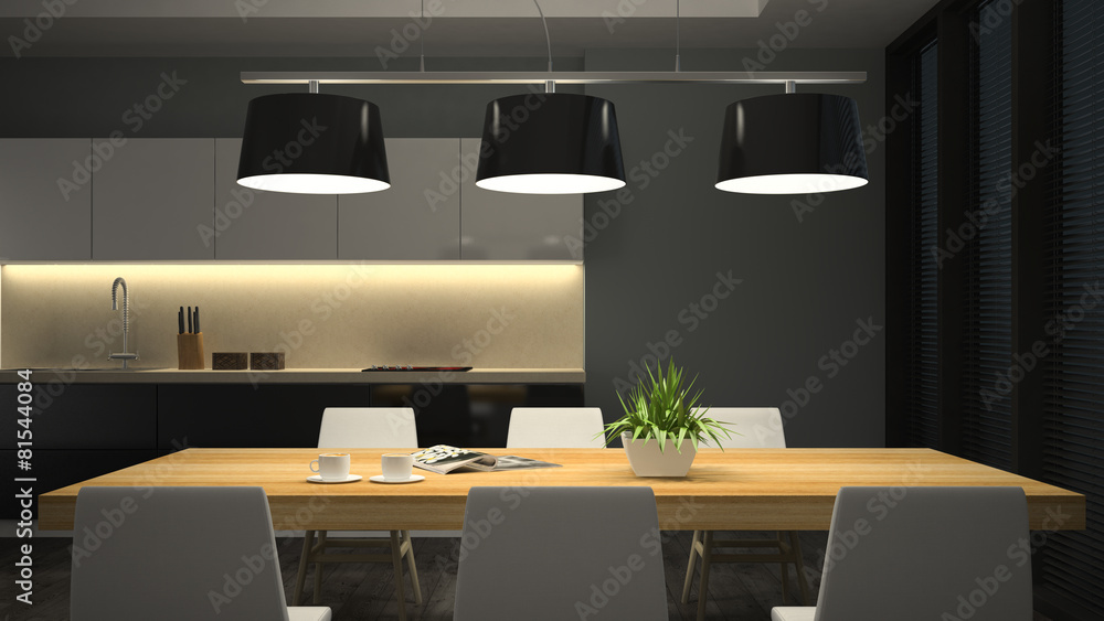 Night view modern interior of dining room 3D rendering Stock ...