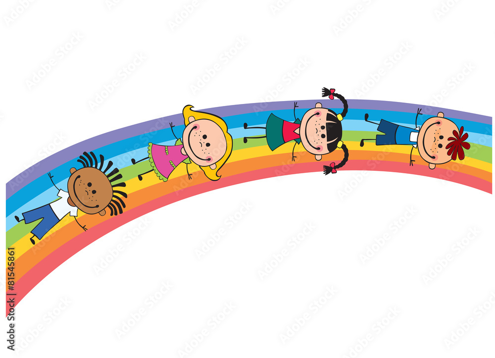 Obraz premium children on a rainbow, vector illustration