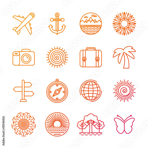 Vector set of linear icons related to summer