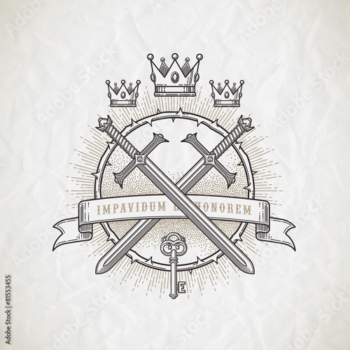 Tattoo style emblem with heraldic knightly elements