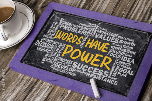 words have power with related word cloud hand drawing on blackbo