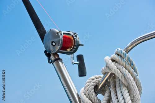 Fishing rod and reel on a yacht