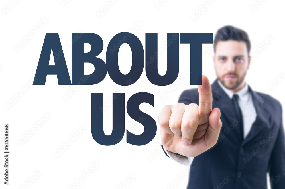 Business man pointing the text: About Us Business man pointing the text: About Us