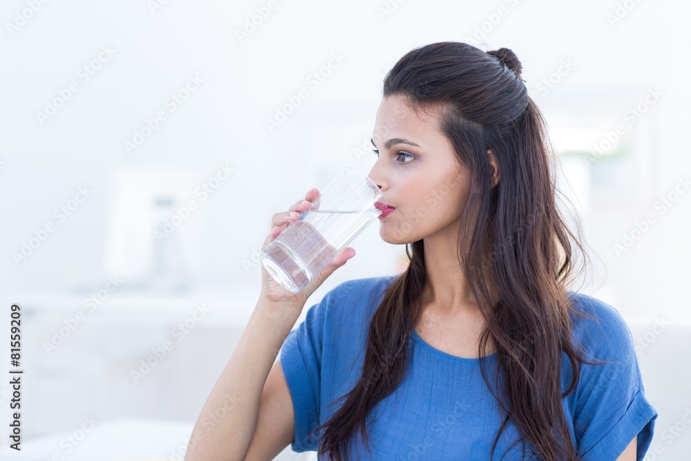 Smiling beautiful brunette drinking water on couch Smiling beautiful brunette drinking water on couch
