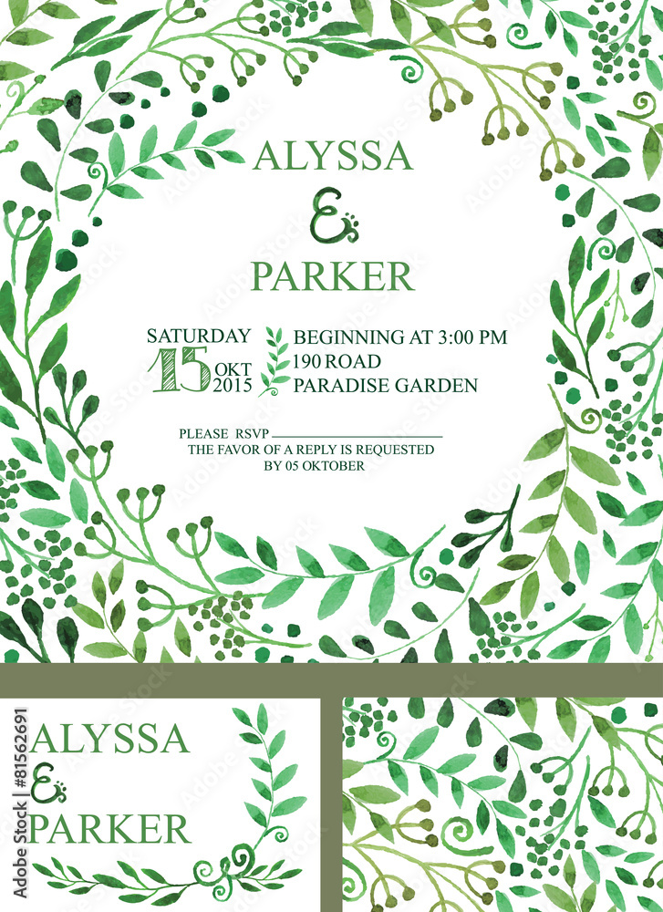 Wedding invitation with green watercolor brunches ,decor