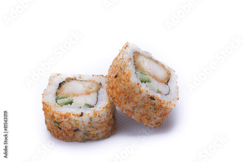 spicy ebi maki sushi isolated on white background