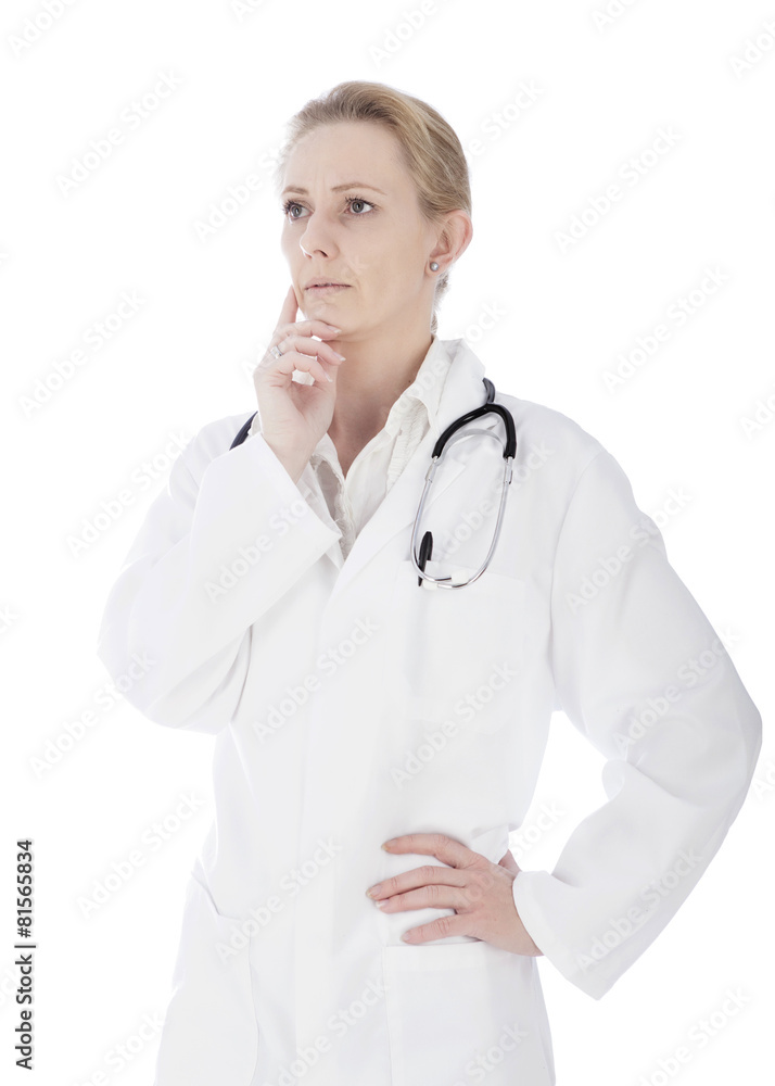 Pensive Woman Doctor with Hands on Chin and Waist Pensive Woman Doctor with Hands on Chin and Waist