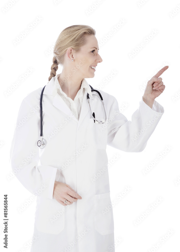 Smiling Clinician Pointing and Looking to Right Smiling Clinician Pointing and Looking to Right