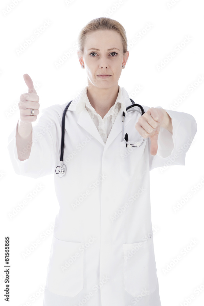 Serious Woman Doctor Showing Thumbs Up and Down Serious Woman Doctor Showing Thumbs Up and Down