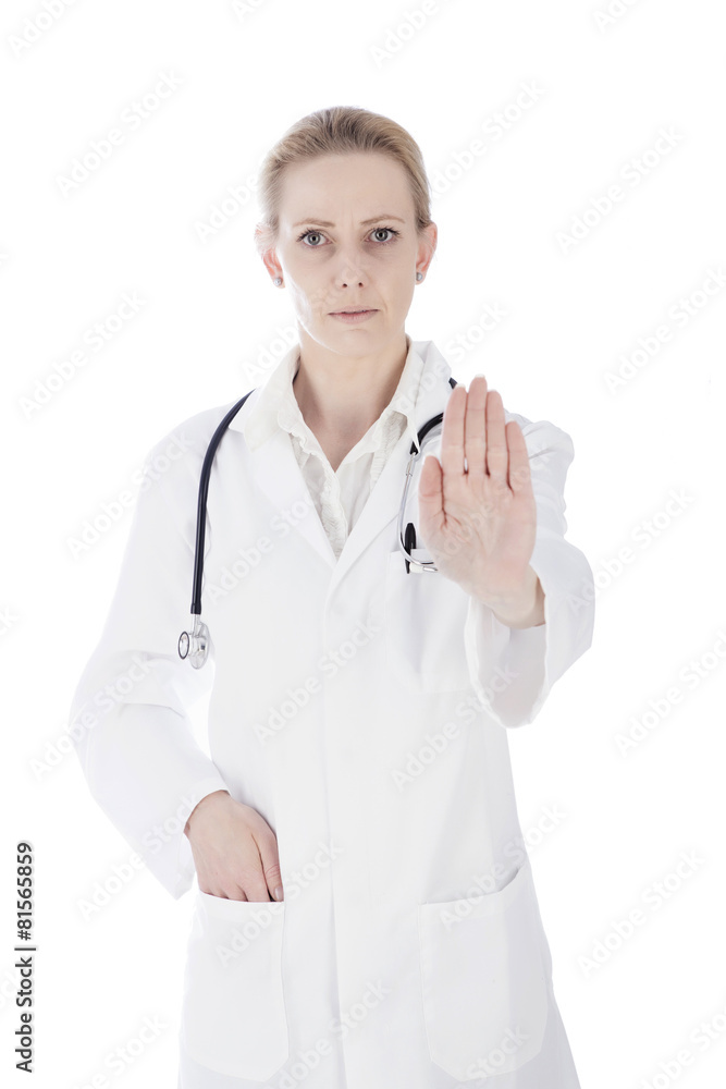 Serious Female Doctor Showing Stop Hand Sign Serious Female Doctor Showing Stop Hand Sign