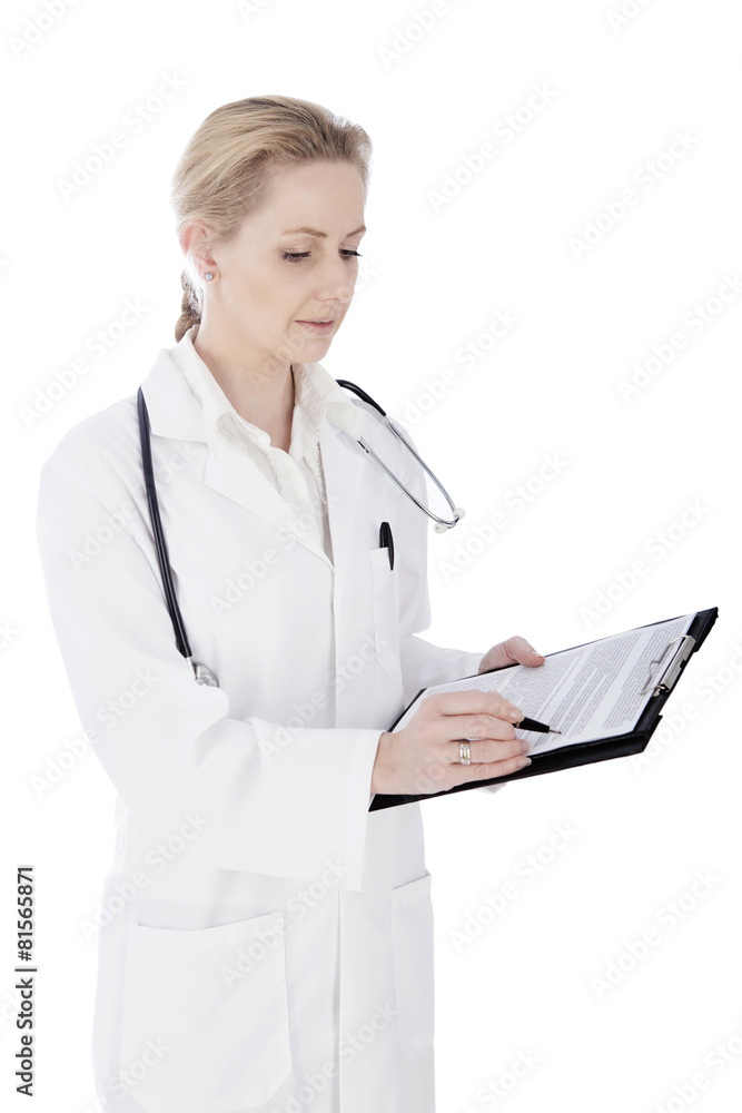 Serious Female Doctor Writing Diagnosis on Paper Serious Female Doctor Writing Diagnosis on Paper
