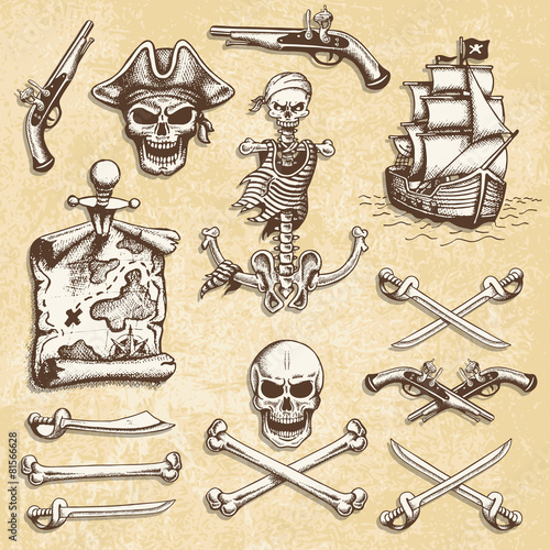 Set of vintage hand drawn pirates designed elements.