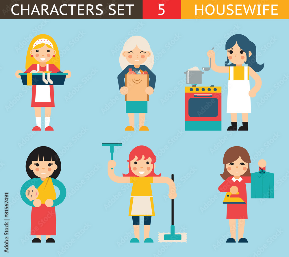 Housewife Characters Icon Set Symbol with Accessories on Stylish