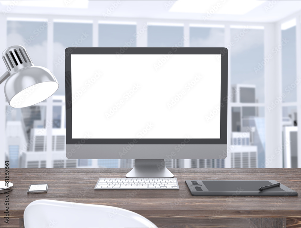 Fototapeta premium 3D illustration PC screen on table in office, Workspace