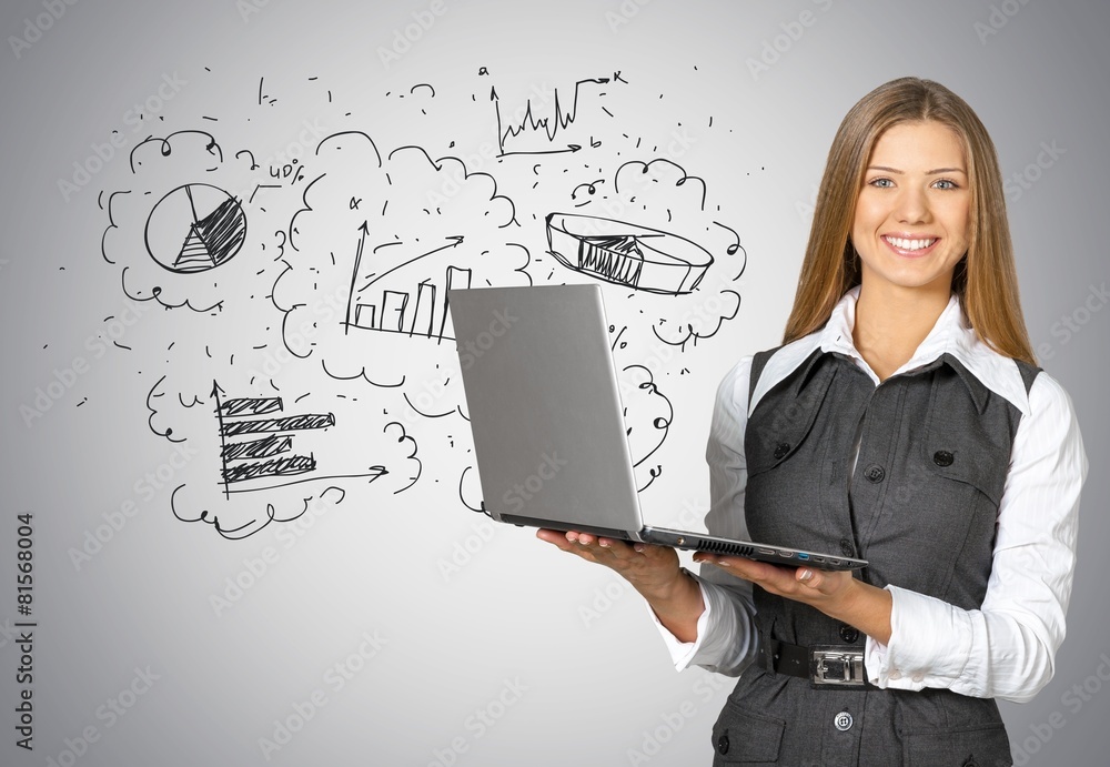 Abstract. Young business woman with media doodle scribble Abstract. Young business woman with media doodle scribble