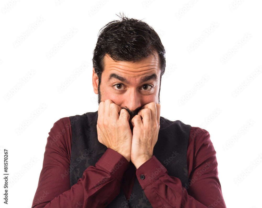 Frightened man wearing waistcoat Frightened man wearing waistcoat