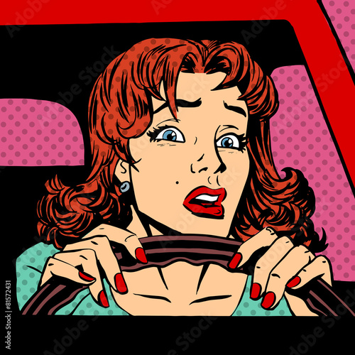 Inexperienced woman driver car accident pop art comics retro sty