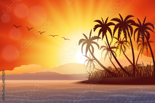 Fototapeta Naklejka Na Ścianę i Meble -  Tropical island with palms at sunset , vector illustration