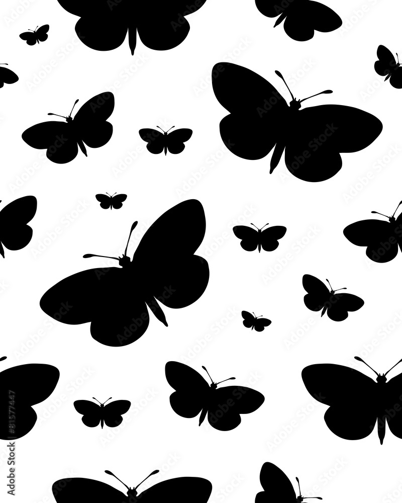 Seamless pattern with black silhouettes of butterflies on white Seamless pattern with black silhouettes of butterflies on white