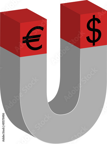 horseshoe magnet with symbol dollar and euro