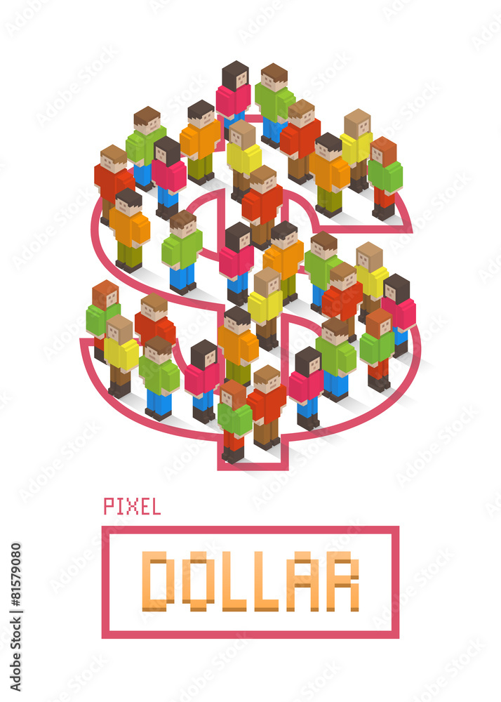 Dollar made up of isometric pixel art style people