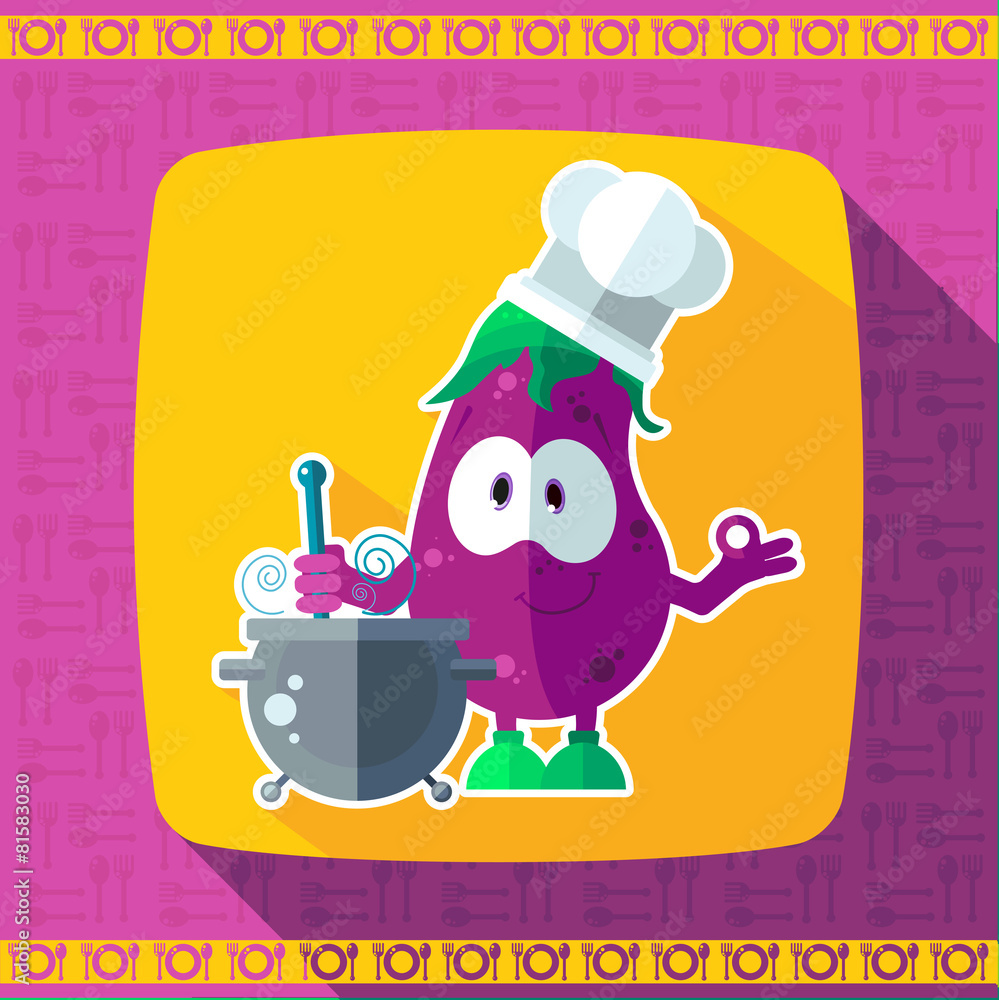 Naklejka premium Set of icons on a theme kitchen. Funny cooks -Eggplants in style