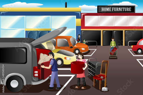 Couple loading new furniture