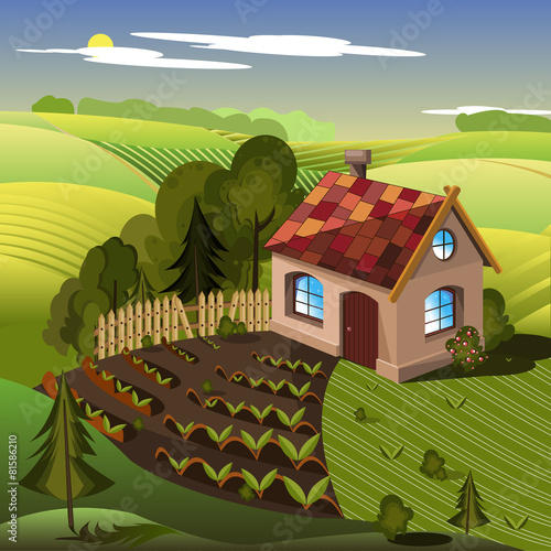 Village on the background fields and meadows