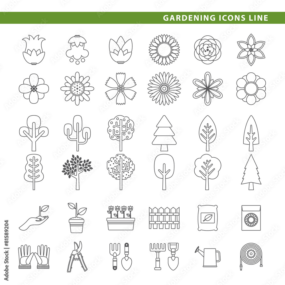 Gardening icons line.