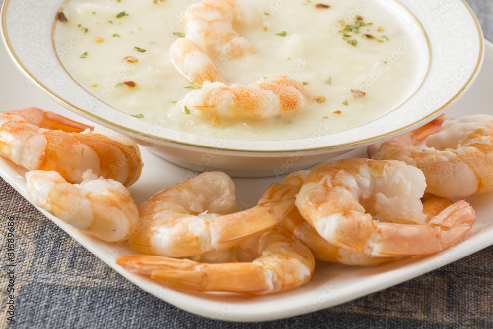 Potato soup with shrimps. Potato soup with shrimps.