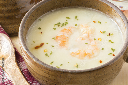 Potato soup with shrimps.