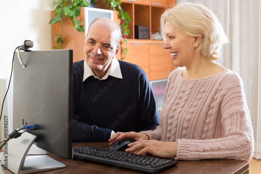 Pensioner sitting together at the computer