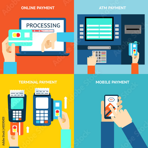 Payment methods. Credit card, cash, mobile app and ATM terminal