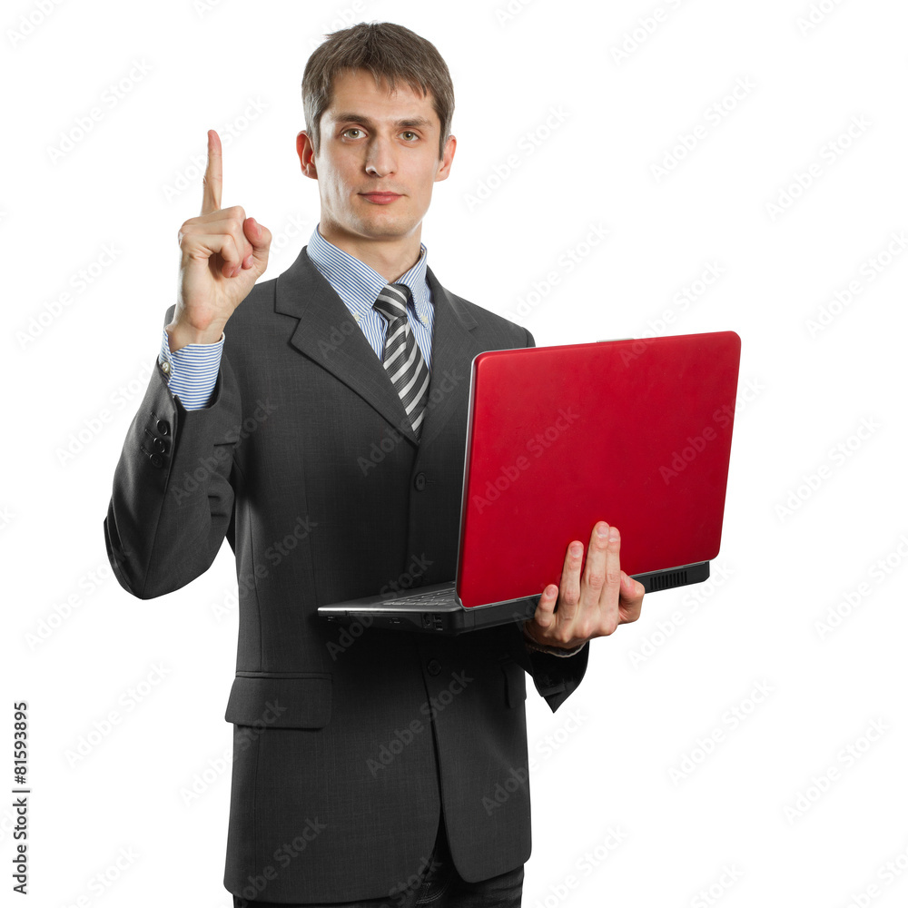 male in suit with laptop with idea