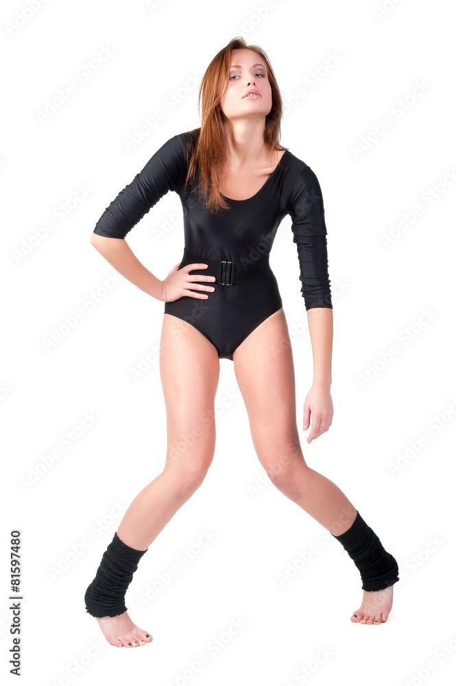 Young cute woman in gymnast suit. Isolated over white background Young cute woman in gymnast suit. Isolated over white background