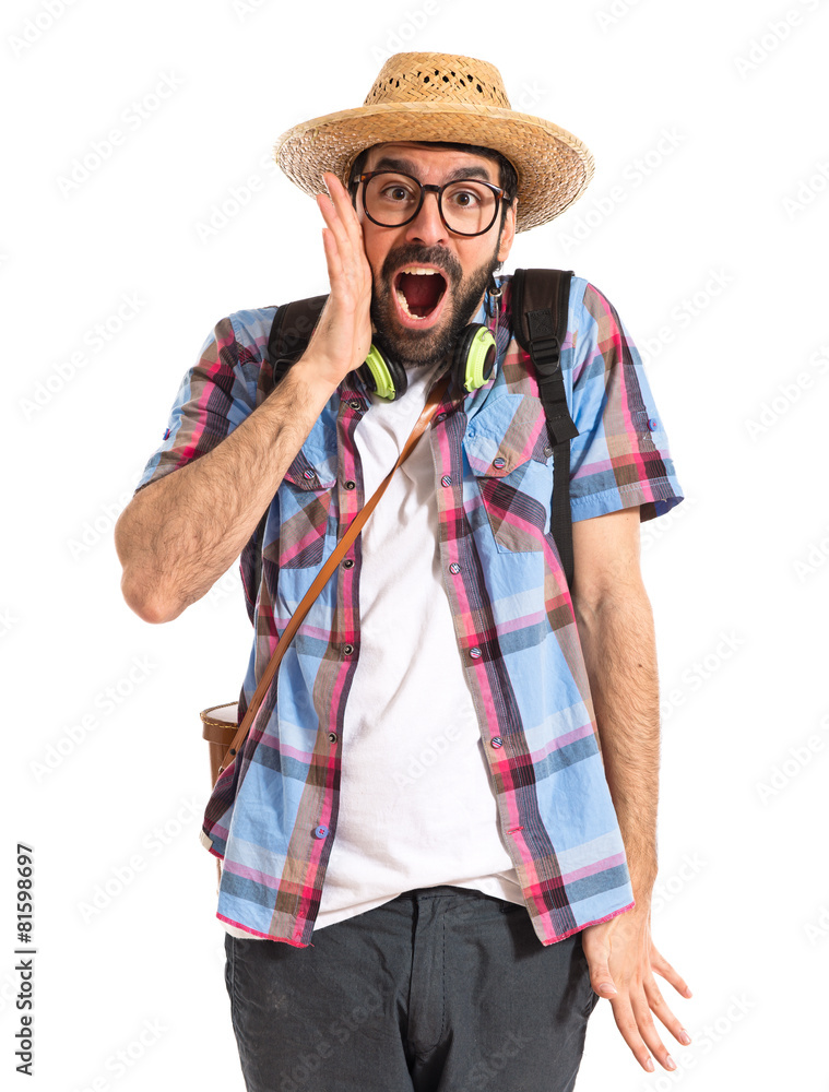 Tourist doing surprise gesture Tourist doing surprise gesture