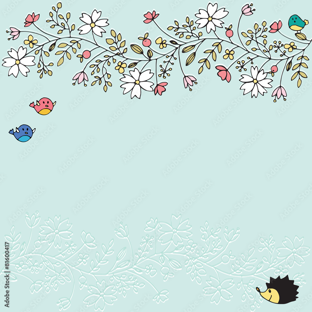 background with hand painted flower and animals